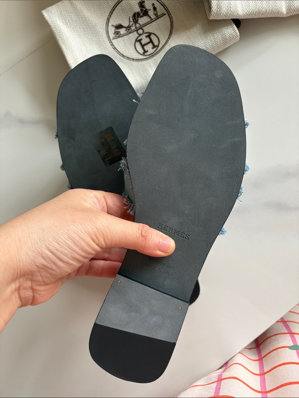 Hermes Light Blue Denim Oran Slide Sandals - Picture 5 of 5